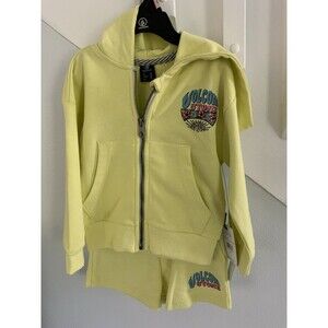 NWT Volcom Girls Spring Summer Hoodie Sweat Shorts Set Lemon Green 2T